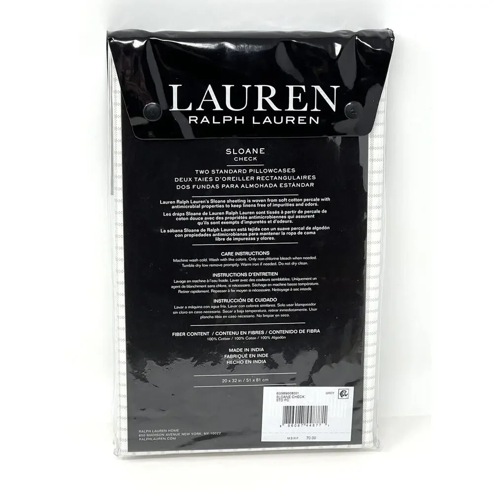 Ralph Lauren Grey SLOANE CHECK Standard Pillowcases Antimicrobial Cotton Percale